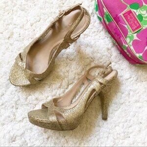 VIA SPIGA: Metallic Glittery Gold Leather Sling Back Heels Size 7.5